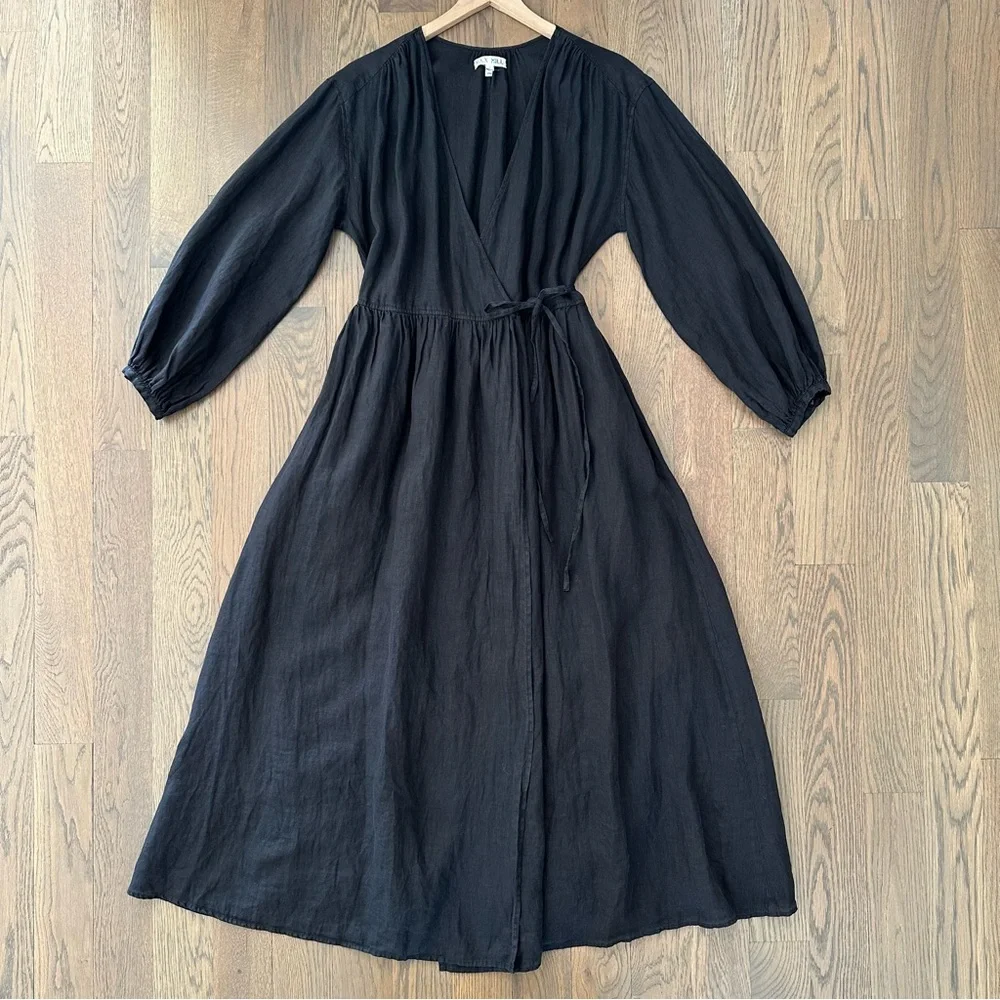 NWOT Alex Mill Lauren Long Sleeve Linen Maxi Wrap Dress in Rich Black Large